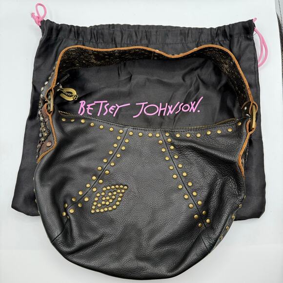 Betsey Johnson Handbags - Vintage Y2K Betsey Johnson Black Leather Gold Toned Studded & Beaded Hobo Bag